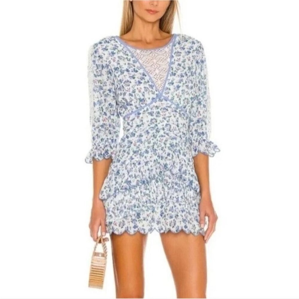 LoveShackFancy Marquise Blue and White Floral Mini Dress